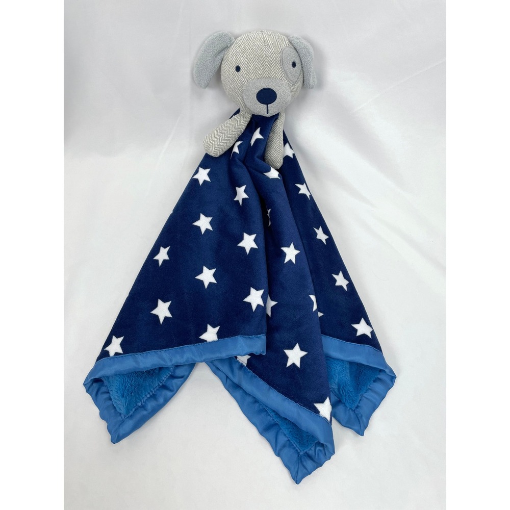 Cloud Island Blue Blanket Lovey Stars Gray Puppy Dog Satin Trim